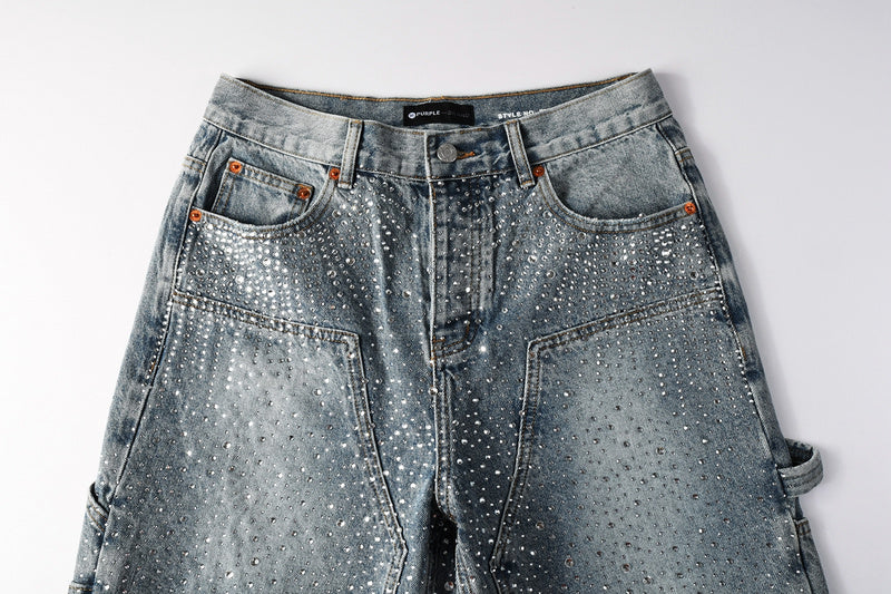 Purple Brand Crystal Diamond Denim Shorts #5097